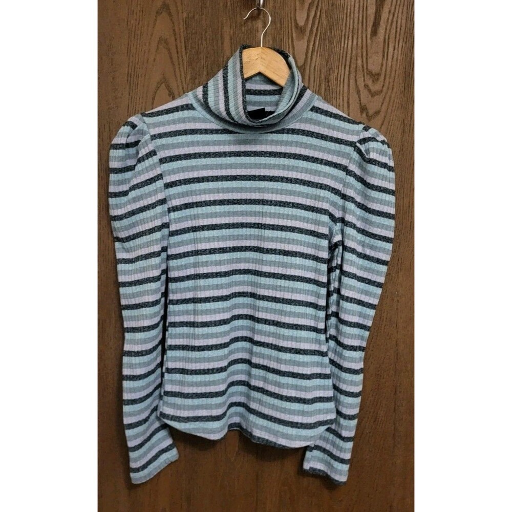 Maeve By Anthropologie Blue Motif Striped Puff Sleeve Turtleneck Top Size Medium